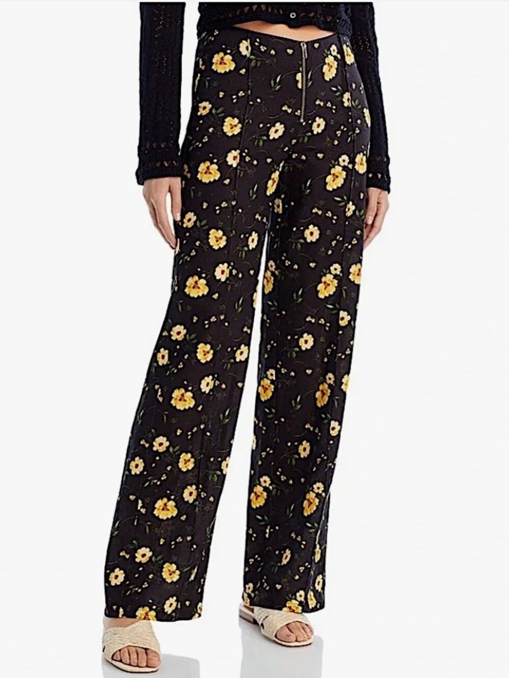 AQUA x Kristopher Brock Floral Wide Leg Pants Size S Daisies Black & Yellow